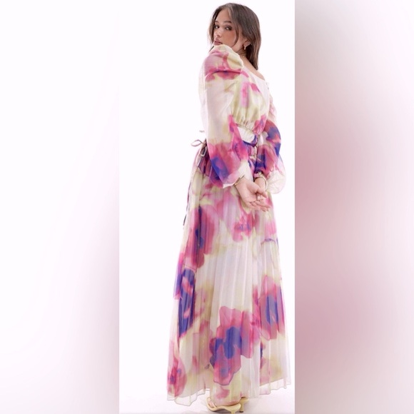 ASOS DESIGN Long Sleeve Pleated Drawstring Bodice Maxi Dress Watercolor Chiffon - Picture 5 of 10